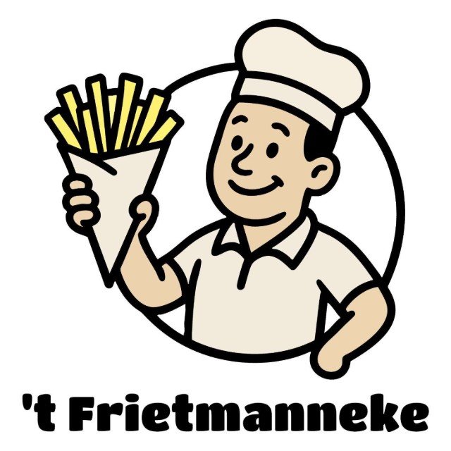 Het logo van ’t Frietmanneke: de mascotte met koksmuts en een puntzak friet, met de naam eronder.